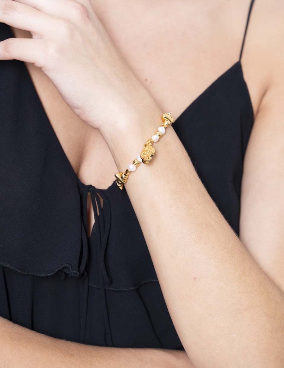 Pulsera con perla 10 K Calavera acabado liso 2