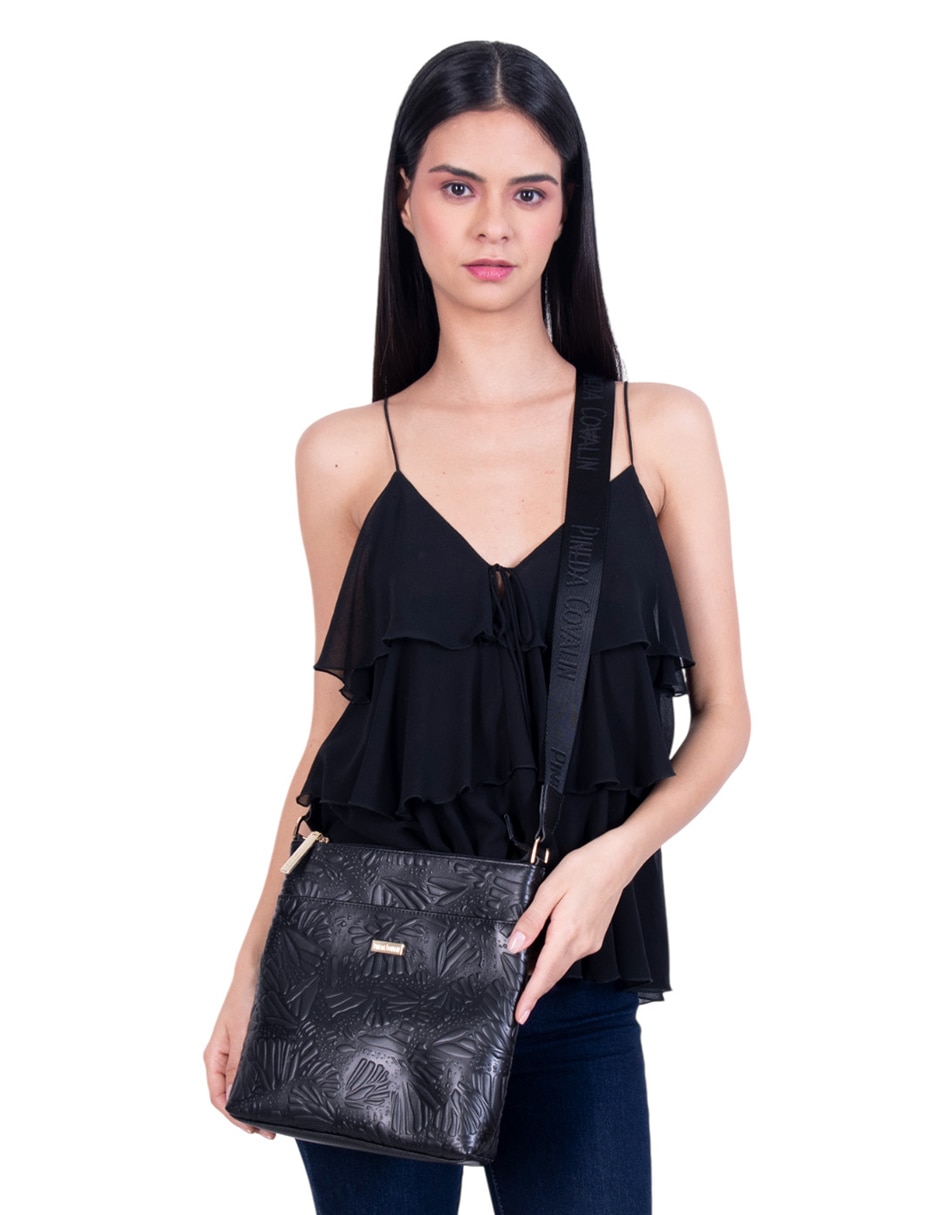 Bolsa messenger Grabado Mariposa de piel para mujer