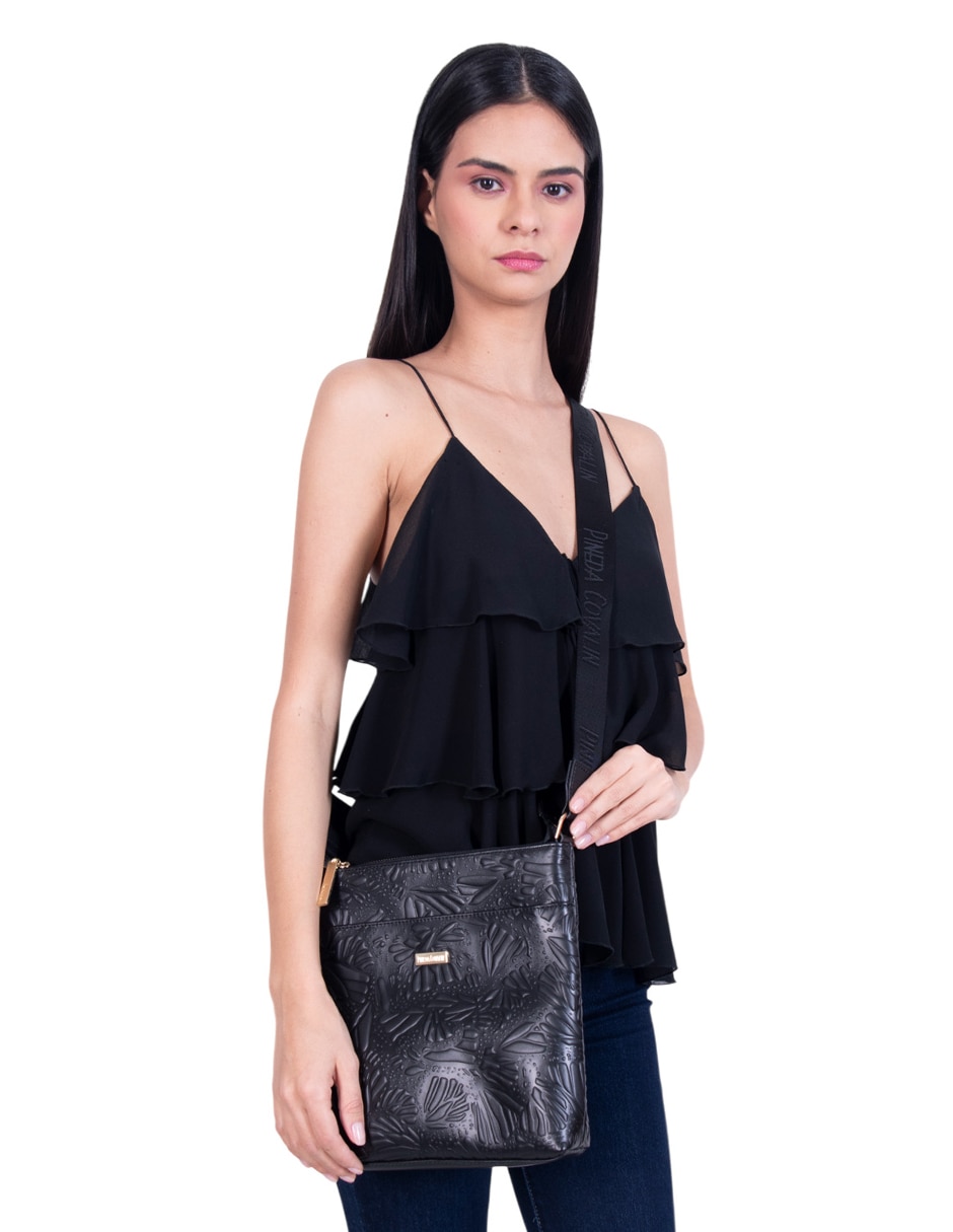 Bolsa messenger Grabado Mariposa de piel para mujer
