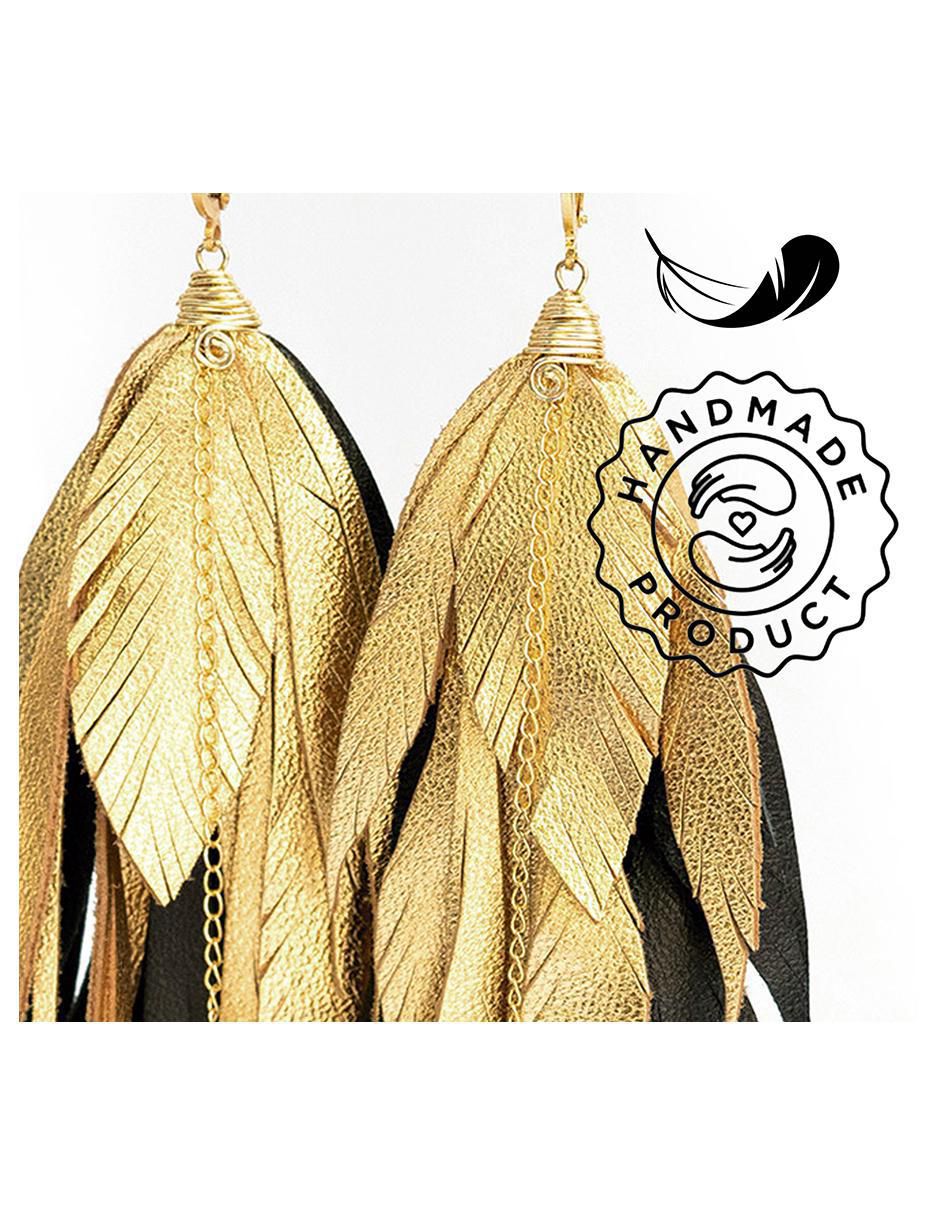 Aretes de pluma de piel 18 K con acabado baño de oro 3