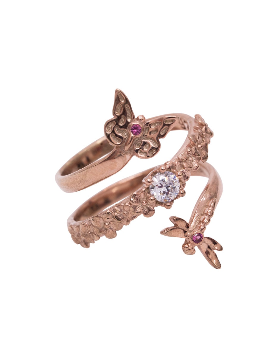 Anillo circular Mariposa 10 k cristal baño de oro rosa
