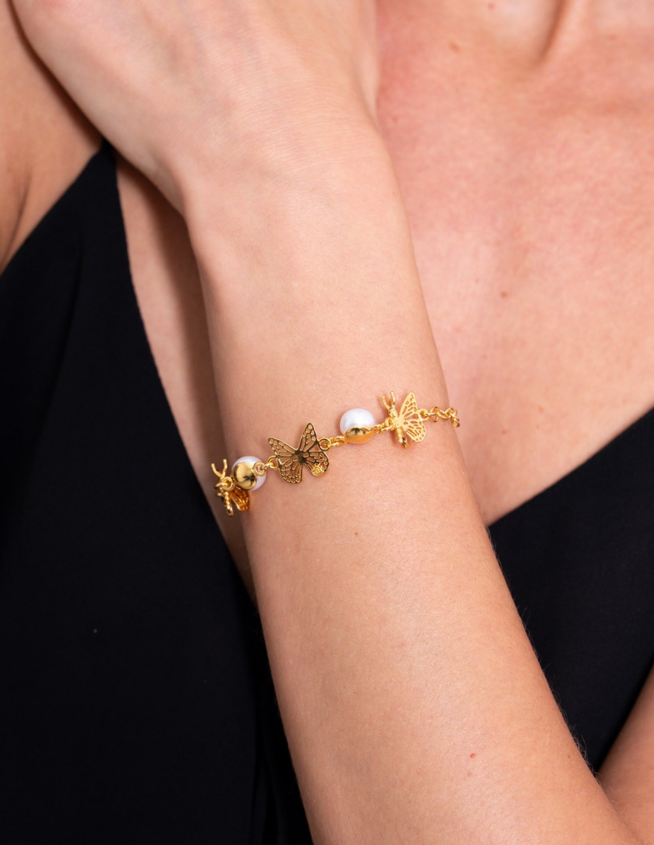 Pulsera con perla 18 K Mariposa acabado chapa de oro 3