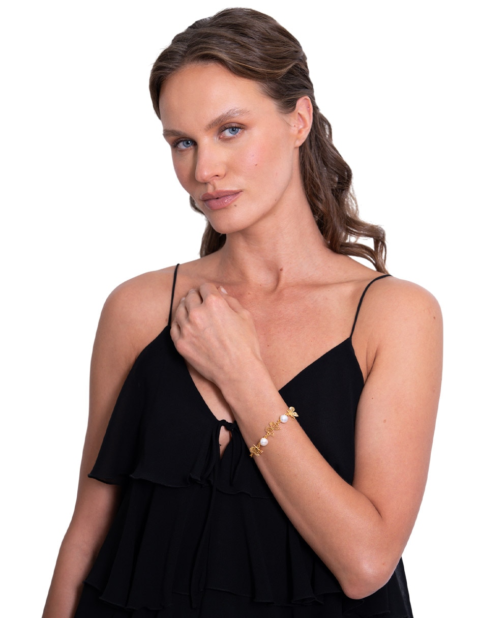 Pulsera con perla 18 K Mariposa acabado chapa de oro 4