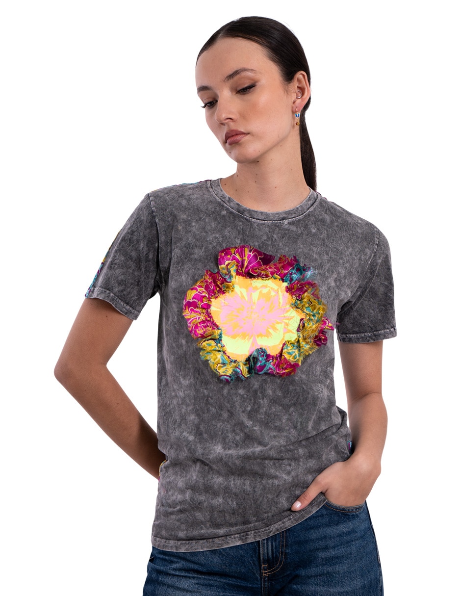 Camiseta cuello redondo con cuello manga corta de algodón