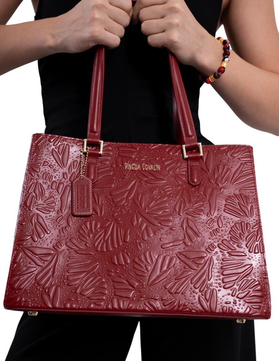 Bolsa satchel pineda covalin grabado mariposa de piel mujer