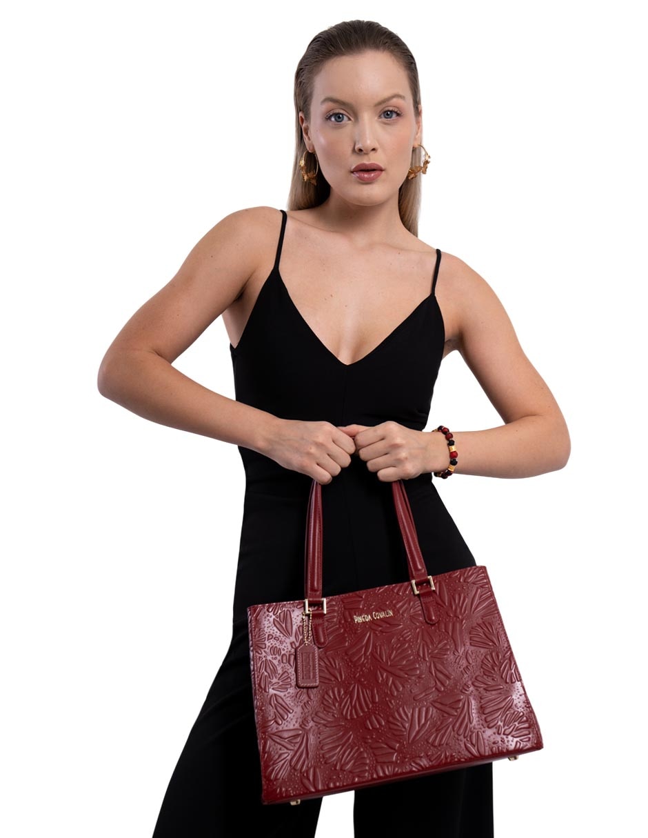 Bolsa satchel pineda covalin grabado mariposa de piel mujer