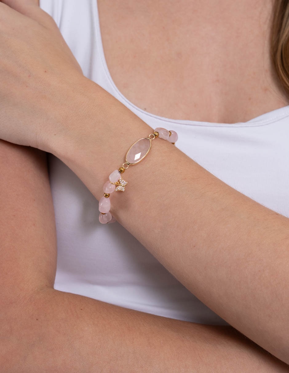 Pulsera con Cuarzo rosa amazonita y perla Mariposa acabado mate Pulsera con Cuarzo rosa amazonita y perla Mariposa acabado mate