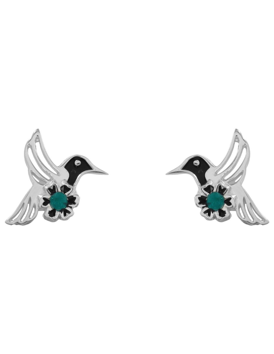 Aretes cortos de colibrí de plata p 925 con acabado pulido esmeralda Aretes cortos de colibrí de plata p 925 con acabado pulido esmeralda