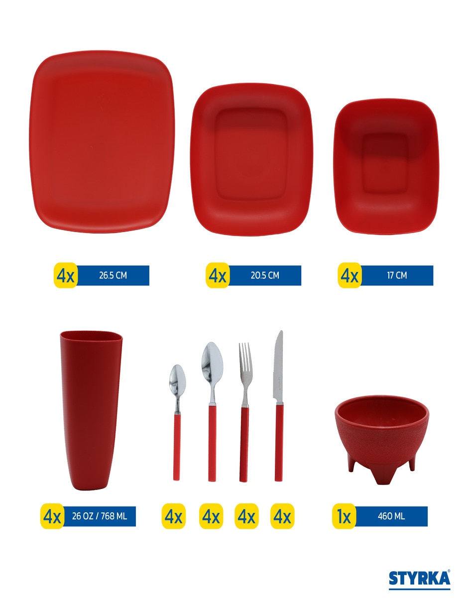 Vajilla styrka de plástico para 4 personas
